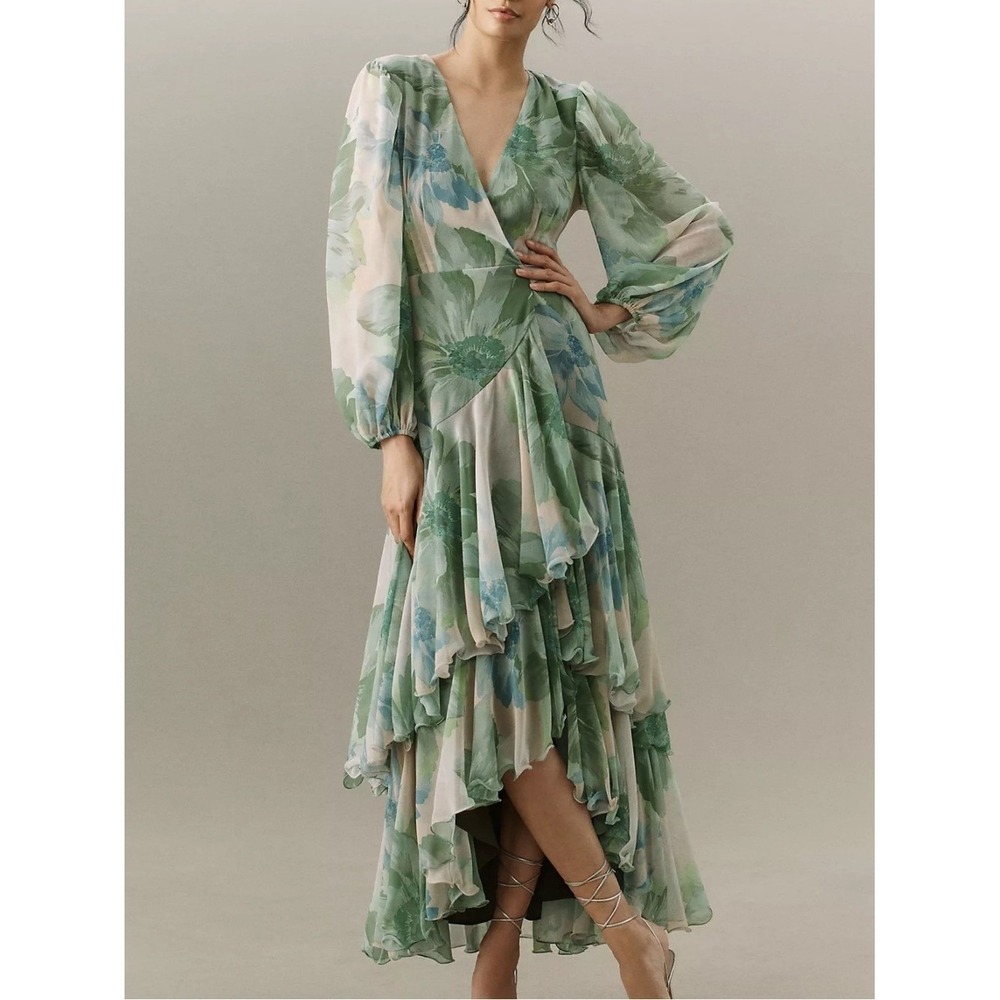 Hutch Helen Chiffon Floral Maxi Dress Green Ruffle Long Sleeve Size 2X